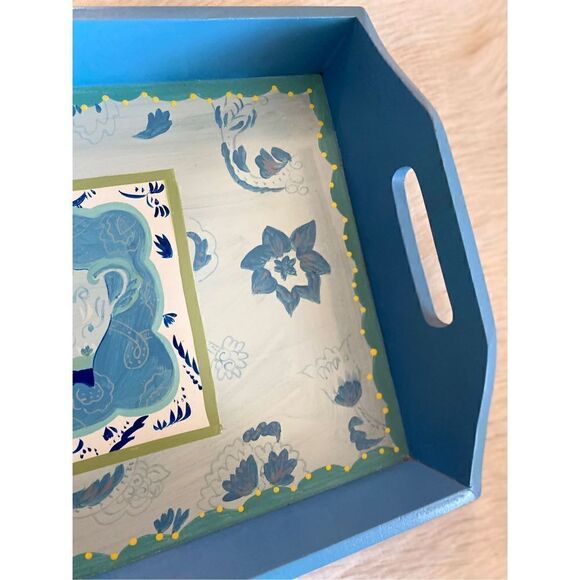 Vintage Hand Painted Wooden 10”X15” Blue Teacup Serving Tray - Picture 4 of 11